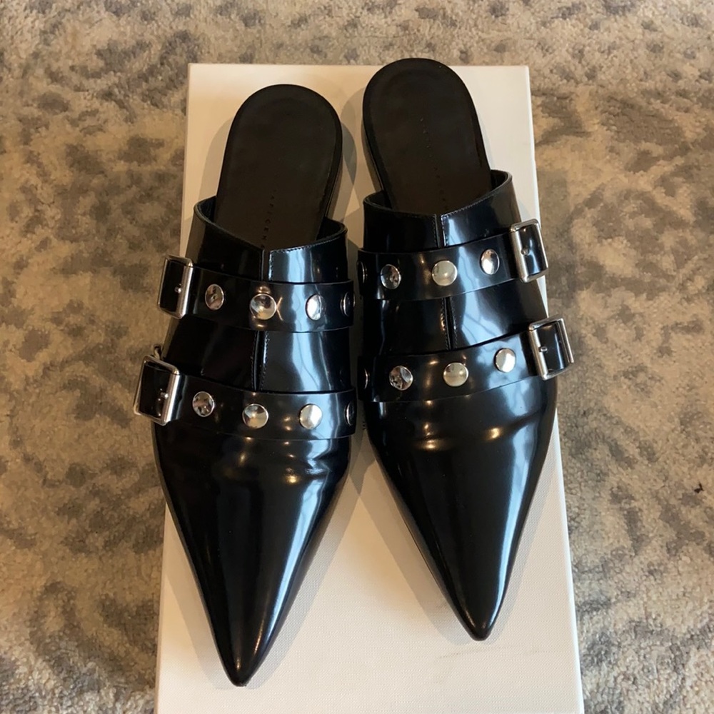 Victoria Beckham Black Patent Leather Studded Mules Comes W/ Duster